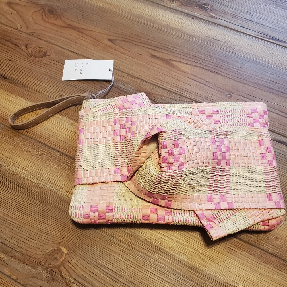 A New Day Clutch Purse Pink Straw NEW